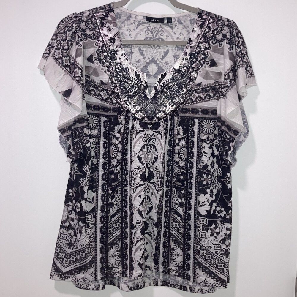 Apt. 9 Black & White Beaded Crush Print Geometric Floral Y2K Top Women's Large